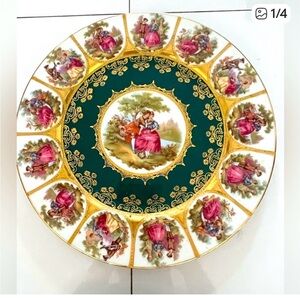 Vintage Decorative Plate with Gold and Green Accents